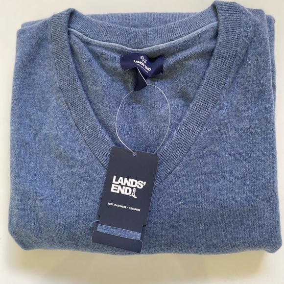 Lands End Men’s Cashmere V-Neck Sweater Medium Blue - Picture 2 of 12
